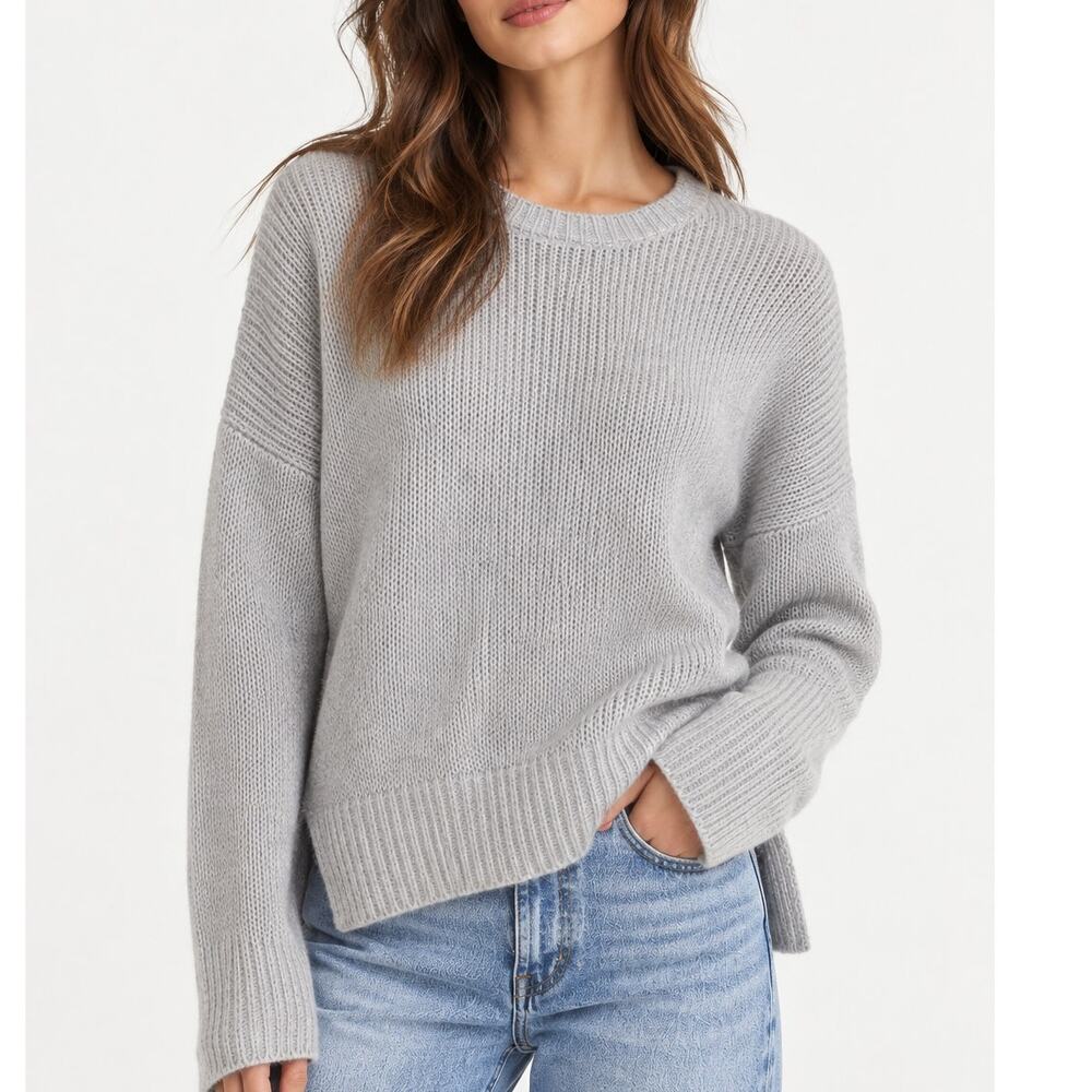 360 Cashmere Knit Crewneck Side Slit Sweater Pullover Light Gray Size Small
